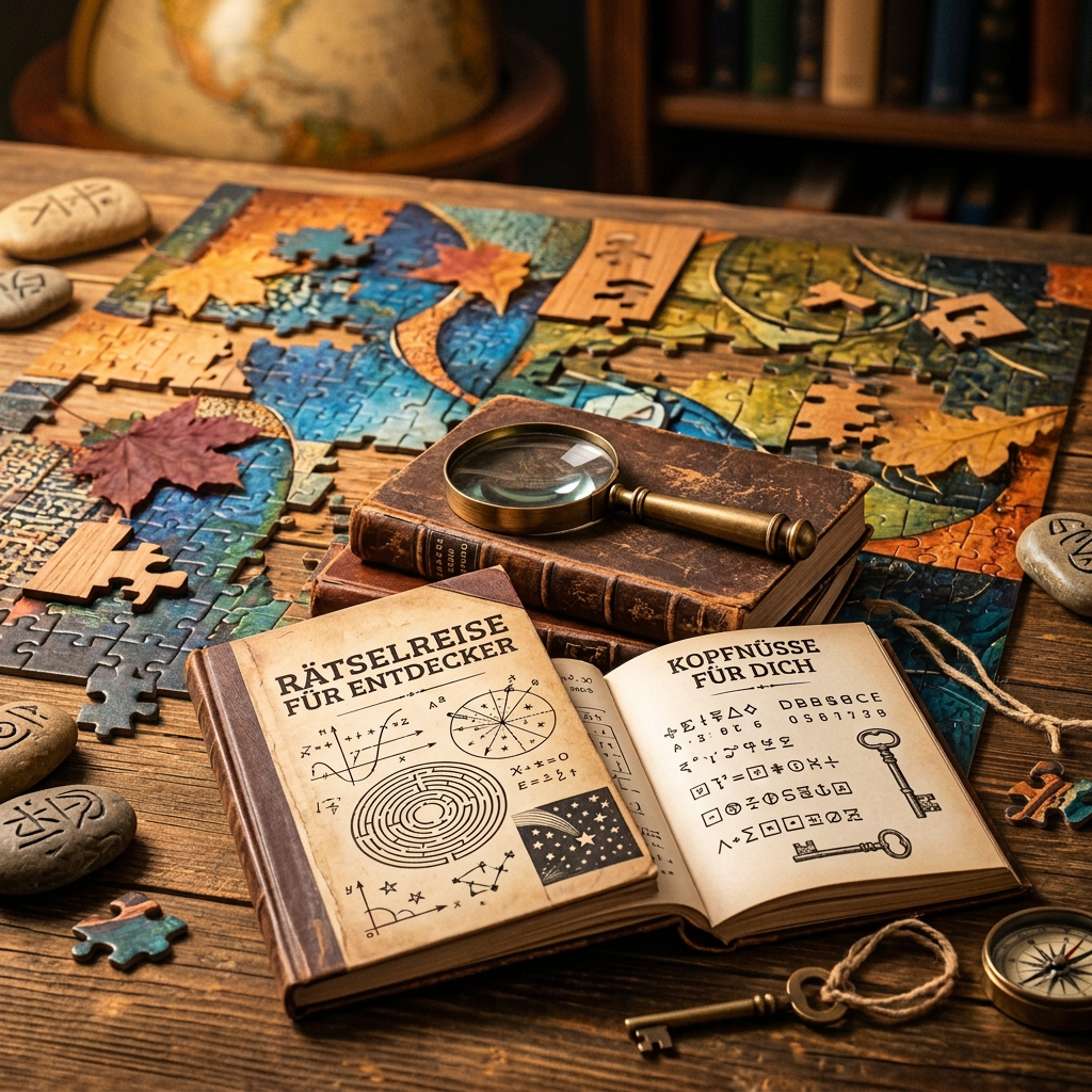 Open German puzzle book reading “RÄTSELREISE FÜR ENTDECKER” and “KOPFNÜSSE FÜR DICH” beside jigsaw puzzles, magnifying glass, keys, and compass